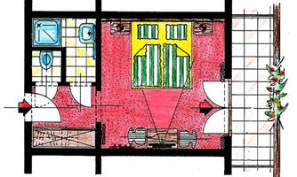 A floor plan of an apartment with two rooms and a bathroom. The furnishings show a living area with a dining space and furniture.