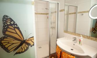 A modern bathroom with a shower cabin and a sink. On the wall, there is a large picture of a butterfly.