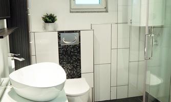 A modern bathroom with an elegant toilet and a stylish sink. The shower is separated by a glass wall and there is a small plant on the shelf.