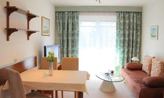 A bright living room with a dining area and a sofa. Large windows let in plenty of light and there is a decorative plant on the table.