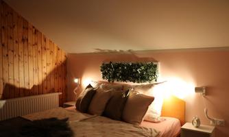 A cozy bedroom with a large bed and decorative pillows. The warm lights and wooden walls create an inviting atmosphere.