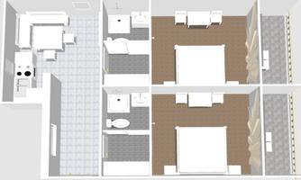 A schematic representation of an apartment with two bedrooms, two bathrooms, and an open kitchen. The rooms are separated by walls and have furniture such as tables and beds.
