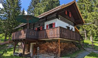 A charming wooden house, surrounded by trees and green grass. The terrace is equipped with a sun umbrella and wood piles are visible.