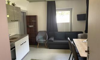 A modern apartment with a small kitchenette and a cozy living area. The large windows let in plenty of daylight.