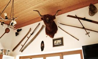 A rustic wall decoration featuring a highland cattle head and various old tools. The elements convey a traditional, rural atmosphere.
