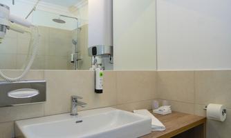 A modern bathroom with an elegant sink and a large mirror. Towels are neatly arranged on a wooden shelf and there is a practical toilet roll.