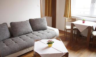 A cozy living room with a gray sofa and a small table. The room contains two chairs and a little plant on the table.
