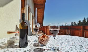 A table on a balcony with a bottle of red wine and two glasses. In the background, trees and a clear blue sky can be seen.