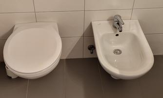 A bathroom with a toilet and a bidet. Both sanitary facilities are modern and white.