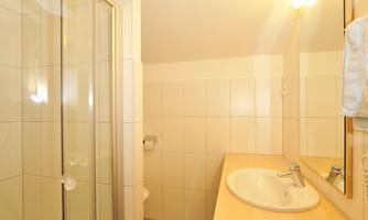 A modern bathroom with a shower cabin, a sink, and a large mirror. A towel hangs on the wall, and the floor is covered with an elegant rug.