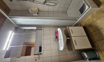 A modern bathroom with a sink, a shower, and a large mirror. The walls are tiled and there is a trash can in the corner.
