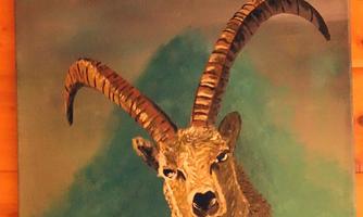 A painted picture of a mountain sheep with large, wavering horns. In the background, green hills and a gentle sky can be seen.