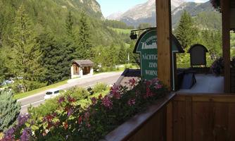 A beautiful view of the mountains with green forests and blooming flowers. A cozy accommodation is visible in the foreground.