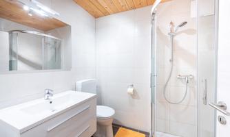 A modern bathroom with a shower, a sink, and a toilet. The walls are tiled in light colors and the ceiling is made of wood.