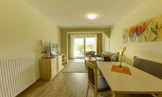 A bright living area with a TV, a dining table, and a sofa. Large windows offer a view of an outdoor area.