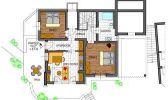 A floor plan of a house with two bedrooms, a living room, and a bathroom. The plan also shows an outdoor table and a garden area.
