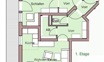 A floor plan representation of an apartment with two bedrooms, kitchen, living area, and several hallways. The total area is 63 m² with a 23 m² large balcony.