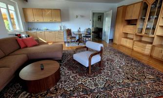 A cozy living room with a brown sofa, a round table, and a white chair. In the background, you can see a kitchen and a wooden furniture park.