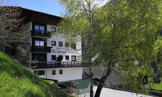 A cozy mountain house surrounded by green grass and trees. The sky is clear and sunny.