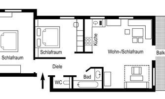 A simple floor plan drawing of an apartment with two bedrooms, a living/sleeping area, kitchen, and bathroom. The balcony is also included.
