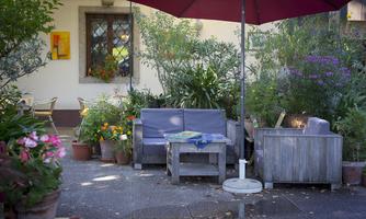 An inviting courtyard with cozy wooden seating. Surrounded by colorful plants and a sun-shielding umbrella.
