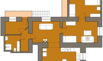 The image shows the floor plan of an apartment with various rooms and a clear layout. Included are a living room, bedroom, bathroom, and a kitchen.