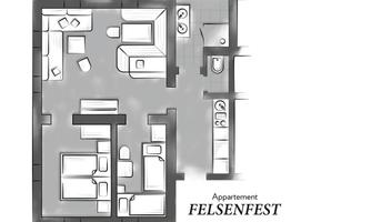 A schematic representation of the apartment "Felsenfest" with various rooms such as living room, bedroom, and kitchen. The layout is clear and organized.