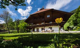 A traditional Alpine wooden house surrounded by blooming plants and trees. The sky is clear and sunny, creating a friendly atmosphere.