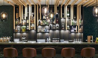 A modern bar with an elegant counter and various spirits in the background. The wood and glass elements give the ambiance a stylish look.