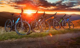 Six mountain bikes are standing on a path at sunset. The landscape is hilly and the sun radiates warm light.