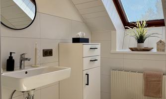 A modern bathroom with a window that lets in a lot of daylight. There is a simple sink combination and decorative elements like plants and colored baskets.