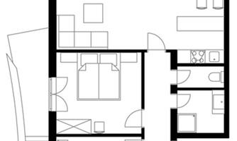 A floor plan of a house with several rooms. The arrangement shows two bedrooms, a bathroom, and a living area.
