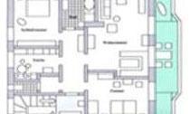 A floor plan of an apartment with various rooms. Included are a bedroom, a living room, and a bathroom.