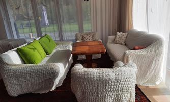 A bright living room with a wooden table and cozy white sofas.  
On the sofas are green cushions and the room has large windows with plenty of light.