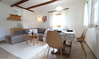 A bright living room with a gray sofa, a wooden table, and chairs. Large windows provide plenty of daylight and a cozy atmosphere.