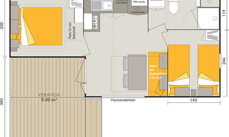 A floor plan of a vacation apartment with two bedrooms, a living area, and a kitchen. There is a porch with space for furniture.