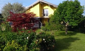 A yellow house surrounded by a green garden and colorful flowers. In the foreground are trees and shrubs.