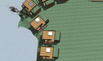 A sketched view of several small huts on a green area by the water. The huts are arranged in a row and surrounded by trees.