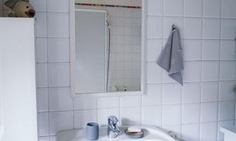 A modern bathroom with a sink and a mirror. Towels hang on the wall and a decoration can be seen.