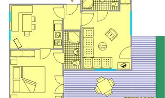 A clear floor plan of an apartment with a living room, bedroom, bathroom, and a terrace. The terrace is furnished with a table and chairs.
