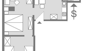 A floor plan of an apartment with two bedrooms, a living area, and a kitchen. The rooms are simply depicted and contain basic furniture items.