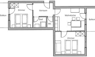 A simple apartment floor plan drawing with several rooms, a bathroom, and a living kitchen. There are two balconies and a foyer.