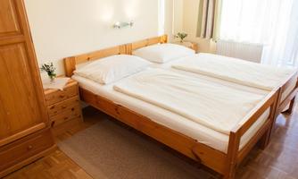 A bright and cozy bedroom with a wooden double bed. The windows let in plenty of daylight and there is a small plant on the nightstand.