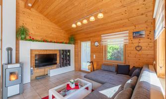 A cozy living room with wood-paneled walls and a modern television. Cushions are on the couch, and a fireplace creates a warm atmosphere.