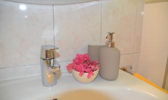 A modern sink with a shiny faucet. Next to the sink is a decorative bowl with pink flowers and two elegant bottles.