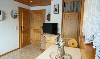 A cozy room with wooden paneling and several doors. A television stands on a small table, and a vase with flowers adorns the table.