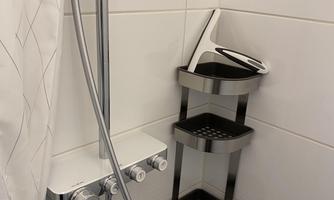 A modern shower area with a handheld showerhead and a storage basket. The walls are tiled and appear clean and bright.
