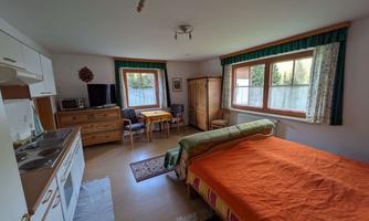 A cozy room with a large bed, a small kitchenette, and a table with chairs. Bright windows provide plenty of daylight.