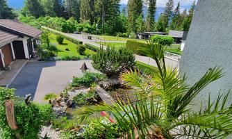 A well-maintained garden with flowers and plants. In the background, houses and trees are visible.