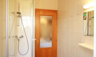 A bright bathroom with a shower and a sink. The walls are tiled, and there is a wooden door as well as a mirror.